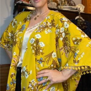 Floral Kimono with Pom Pom Trim